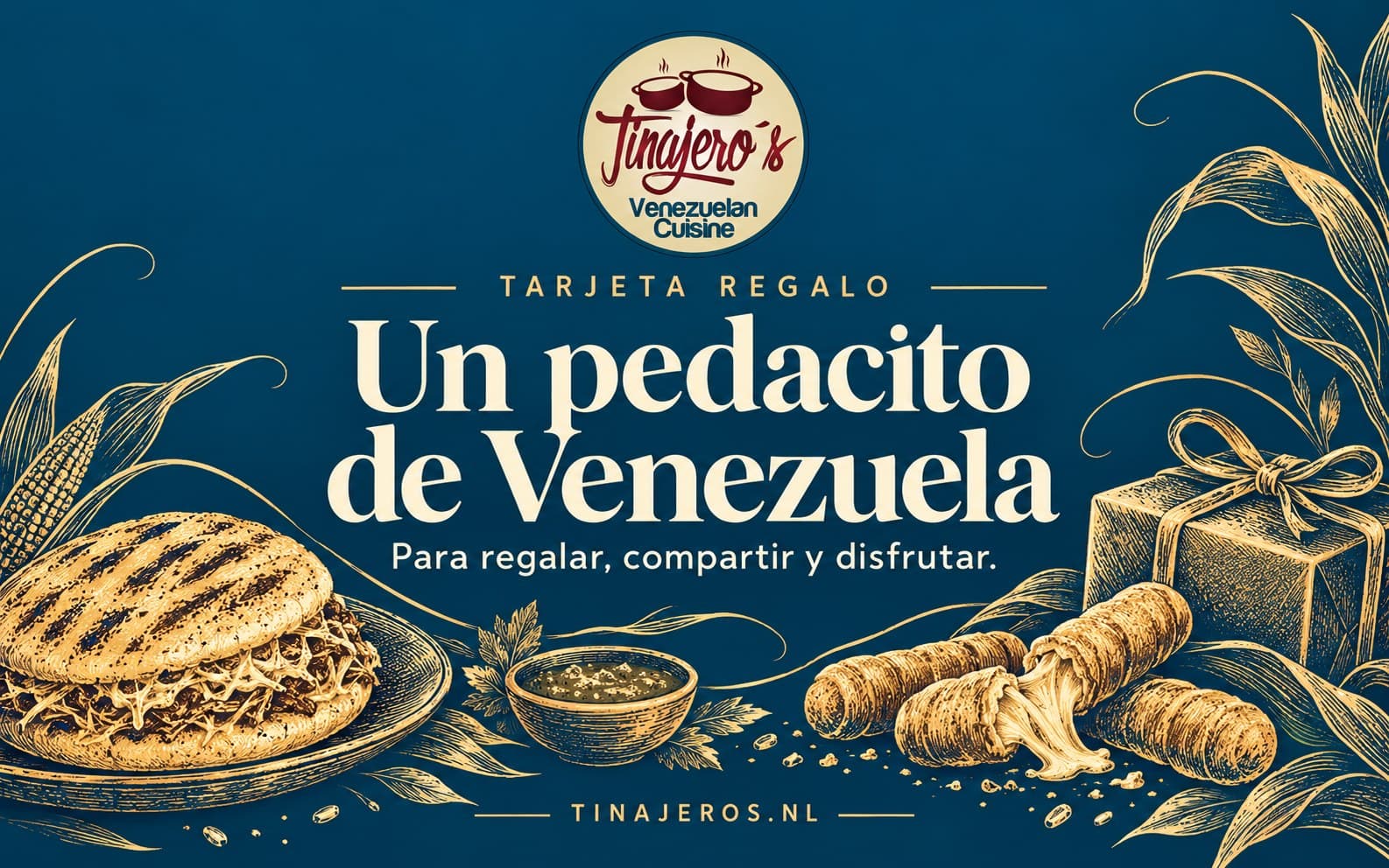 Diseño clásico de tarjeta regalo Tinajero's con ilustraciones de sabores venezolanos